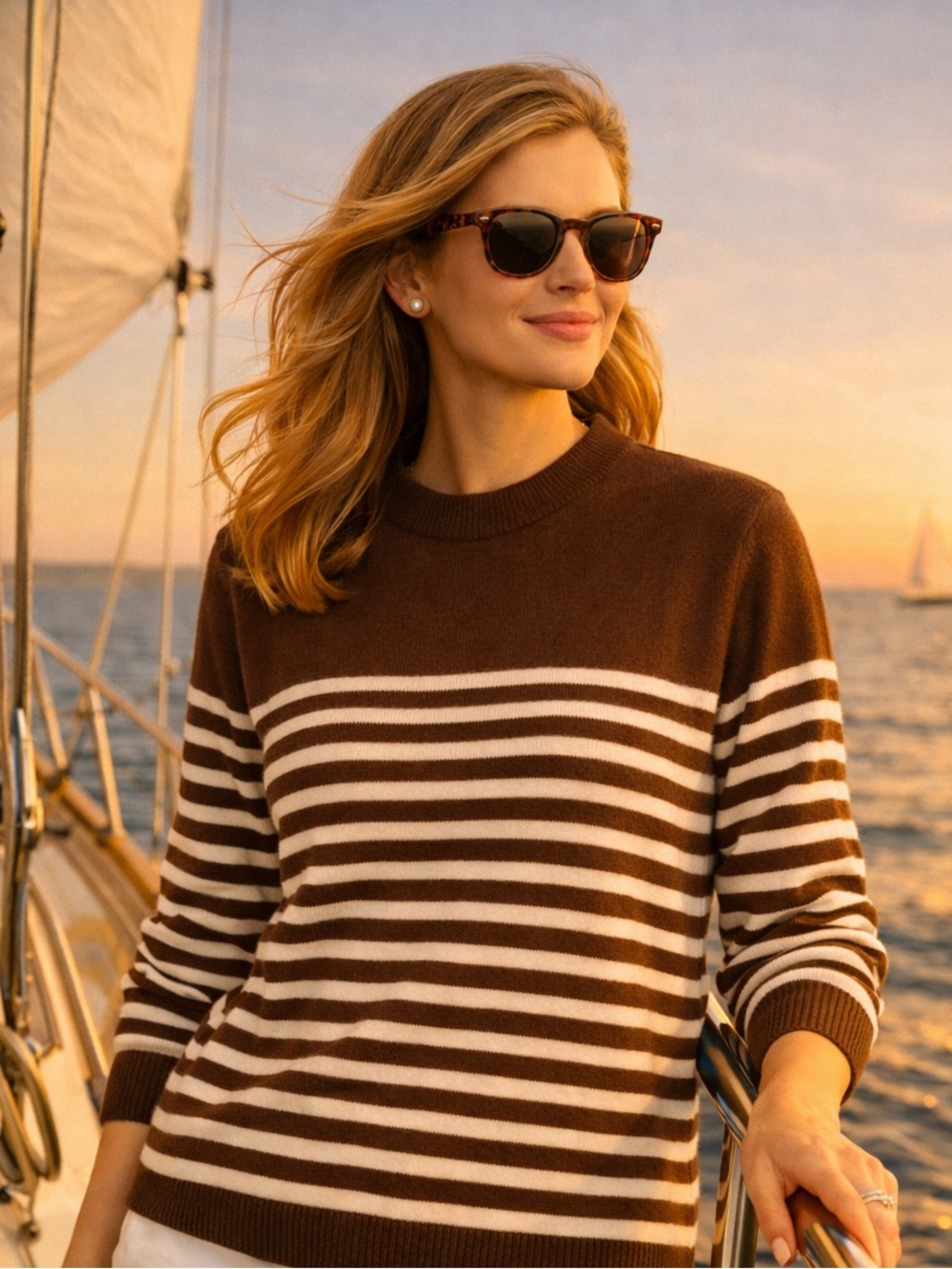 J. McLaughlin Chocolate Ivory Striped Fall Crewneck Sweater Quiet Luxury L - Picture 2 of 5